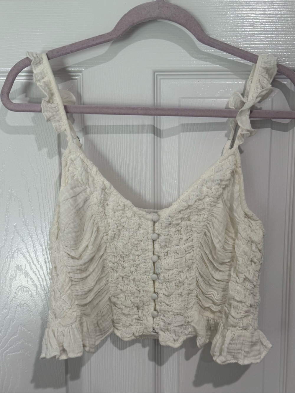 Smocked Ruffle Crop Tank Top in Cream